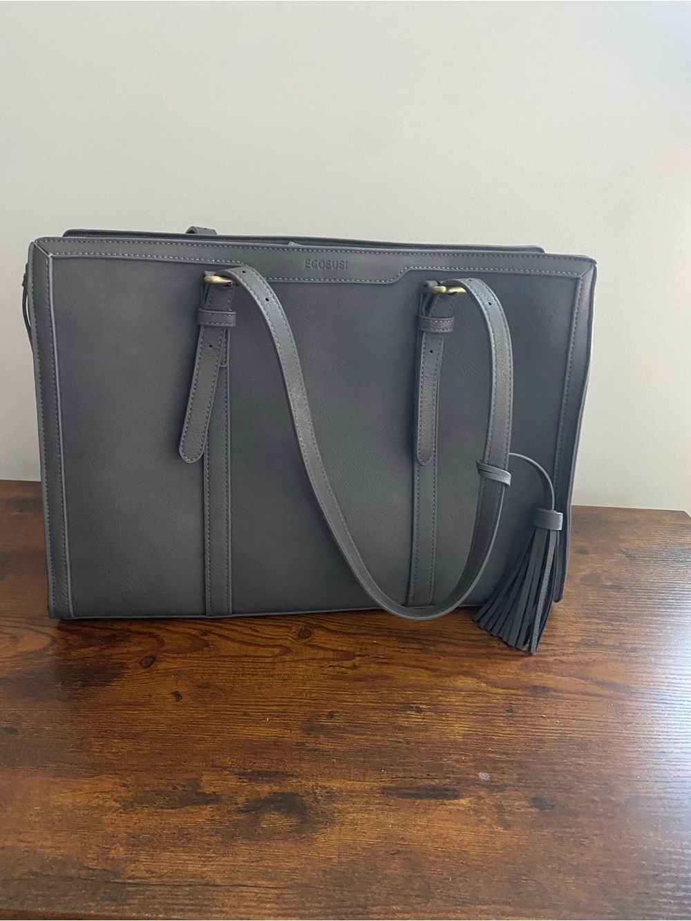 EBOSUI Gray Leather Tote with Tassel Accent
